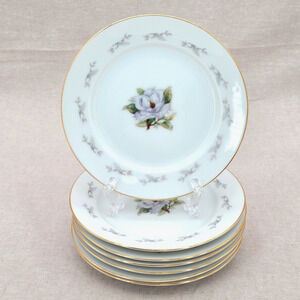 Set of 7 ROSALINDA YAMAKA JAPAN VTG White Flower, Gray Leaves Bread Plate 6.5"